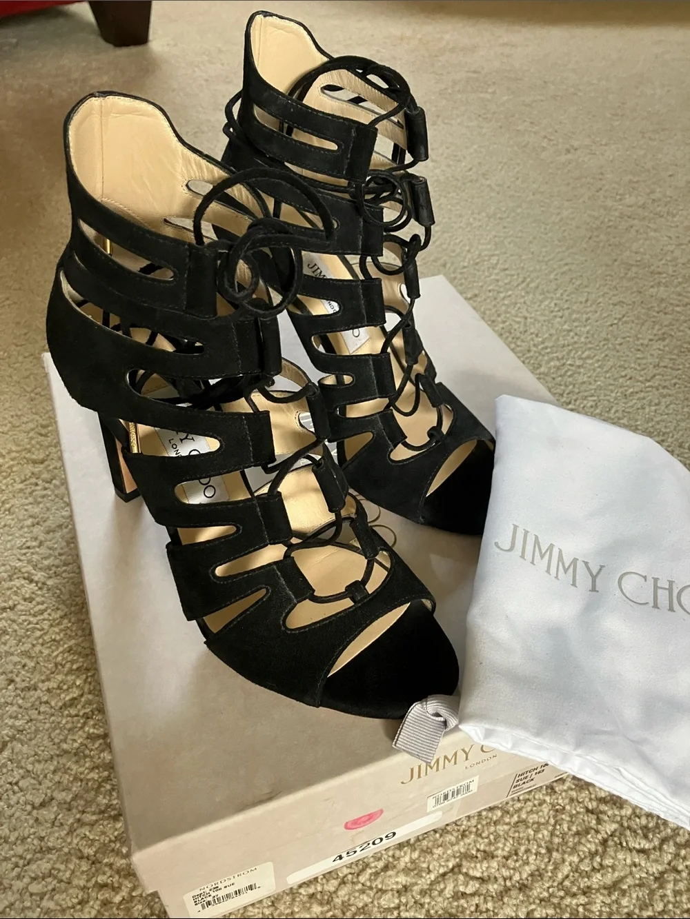 Jimmy Choo Women's Black Suede Lace-Up Cutout High Heel Sandal